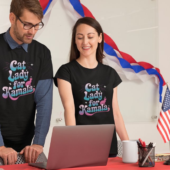 Cat lady shows support for Kamala in colourful art T-Shirt (Creator Uploaded)