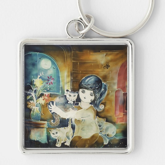 Cat Lady Silk Art Painting Key Ring (Front)