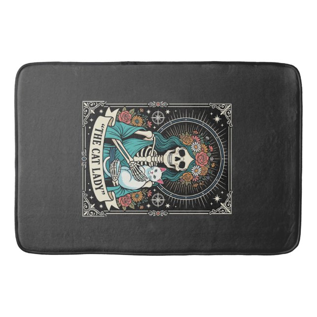 Cat Lady Skeleton Tarot Floral Gothic Bath Mat (Front)