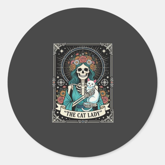 Cat Lady Skeleton Tarot Floral Gothic Classic Round Sticker (Front)