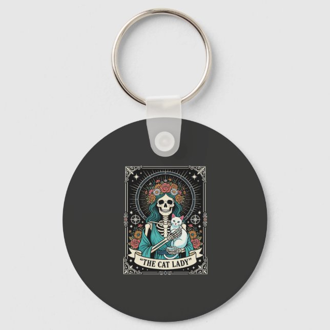 Cat Lady Skeleton Tarot Floral Gothic Key Ring (Front)