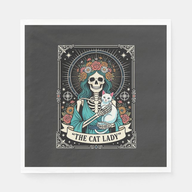 Cat Lady Skeleton Tarot Floral Gothic Napkin (Front)
