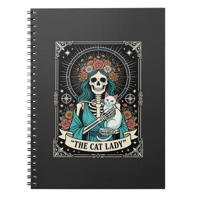 Cat Lady Skeleton Tarot Floral Gothic Notebook (Front)
