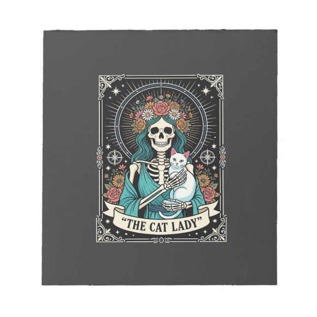 Cat Lady Skeleton Tarot Floral Gothic Notepad (Front)