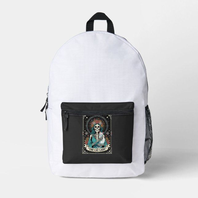 Cat Lady Skeleton Tarot Floral Gothic Printed Backpack (Front)
