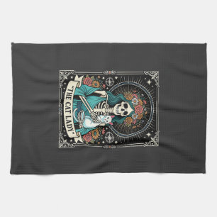 Cat Lady Skeleton Tarot Floral Gothic Tea Towel