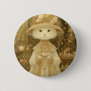 Cat Lady Snow – Victorian Cat with Teacup 6 Cm Round Badge