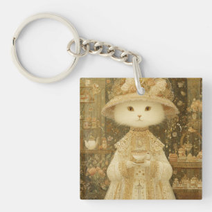 Cat Lady Snow – Victorian Cat with Teacup Key Ring