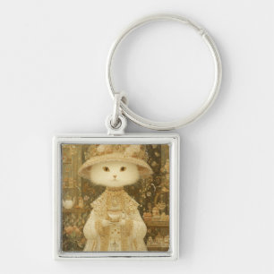 Cat Lady Snow – Victorian Cat with Teacup Key Ring