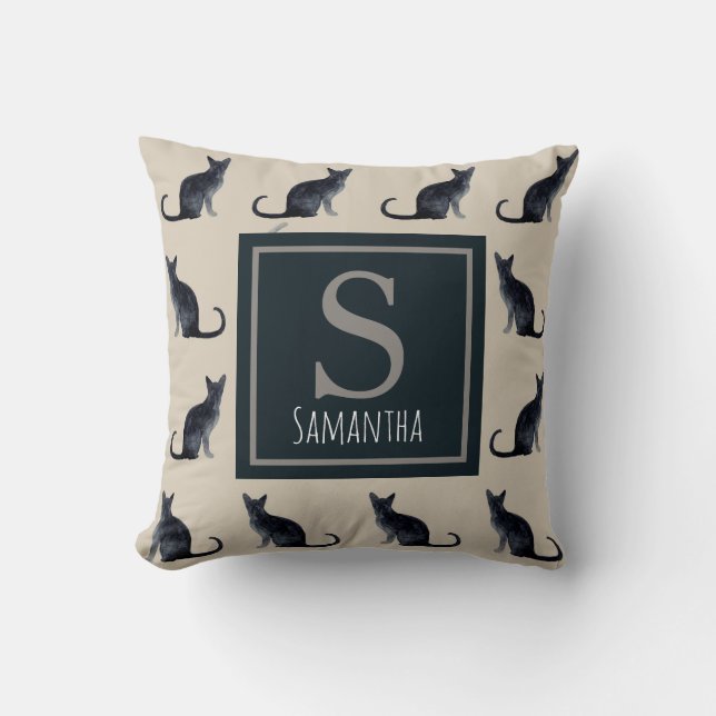 Cat Lady Taupe Watercolor Black Kitty Pattern Cushion (Front)