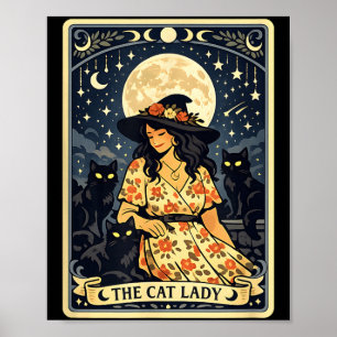 Cat Lady Witch Moon Black Cats Halloween Magic Poster
