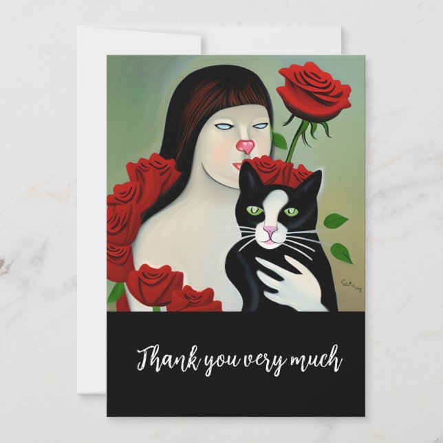Cat Lady with black and white cat and roses   Thank You Card (Front)