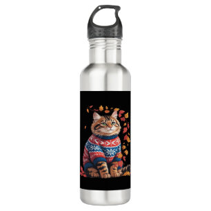 Cat Leaf Fall Hello Autumn Funny Cat Kitten Lover  710 Ml Water Bottle