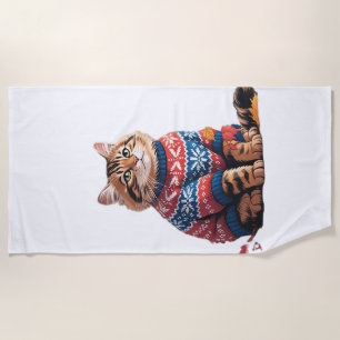 Cat Leaf Fall Hello Autumn Funny Cat Kitten Lover Beach Towel