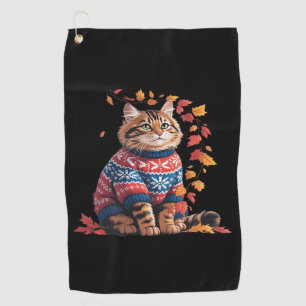 Cat Leaf Fall Hello Autumn Funny Cat Kitten Lover Golf Towel