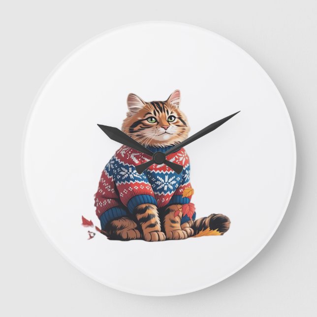 Cat Leaf Fall Hello Autumn Funny Cat Kitten Lover  Large Clock (Front)