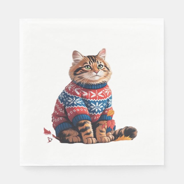 Cat Leaf Fall Hello Autumn Funny Cat Kitten Lover  Napkin (Front)