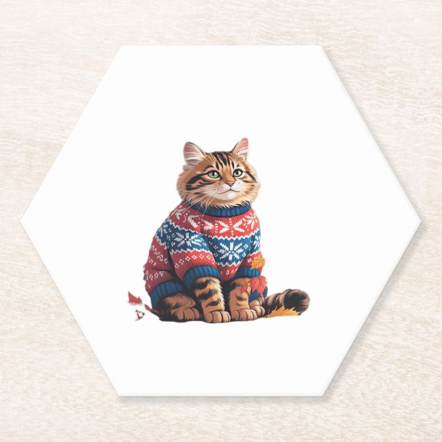 Cat Leaf Fall Hello Autumn Funny Cat Kitten Lover  Paper Coaster (Front)