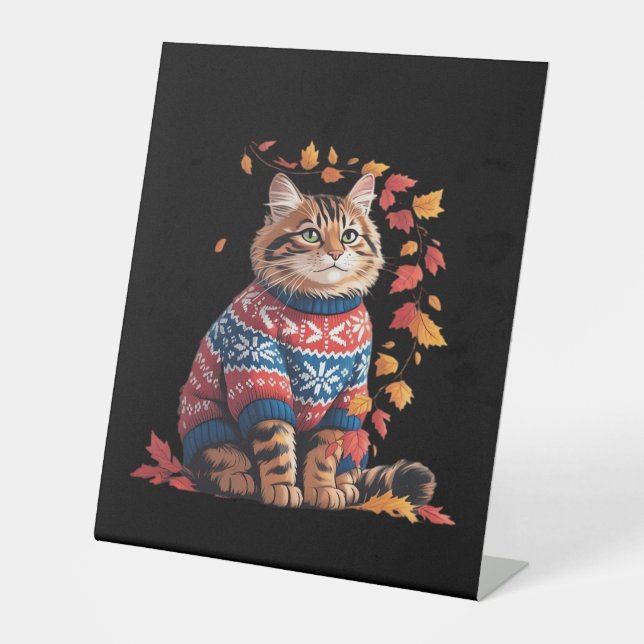 Cat Leaf Fall Hello Autumn Funny Cat Kitten Lover  Pedestal Sign (Front)