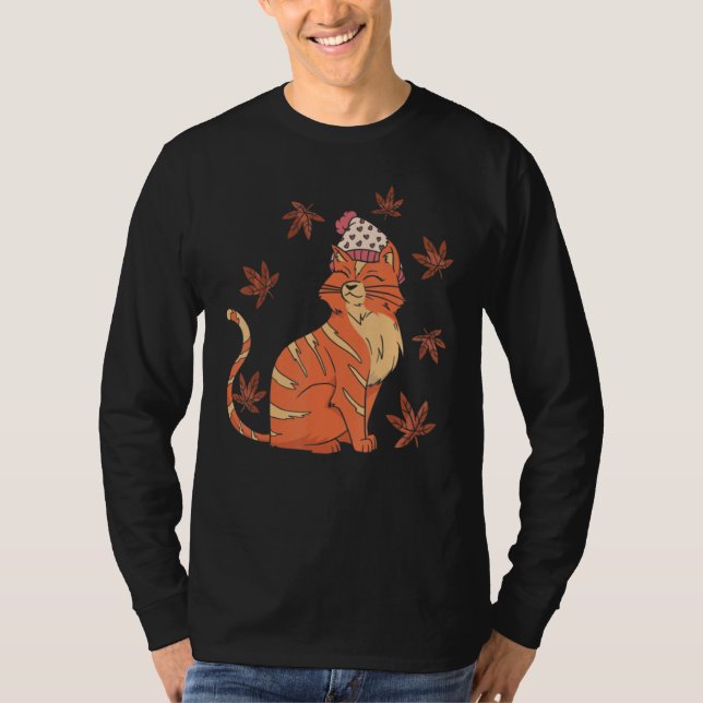Cat Leaf Fall Hello Autumn T-Shirt (Front)
