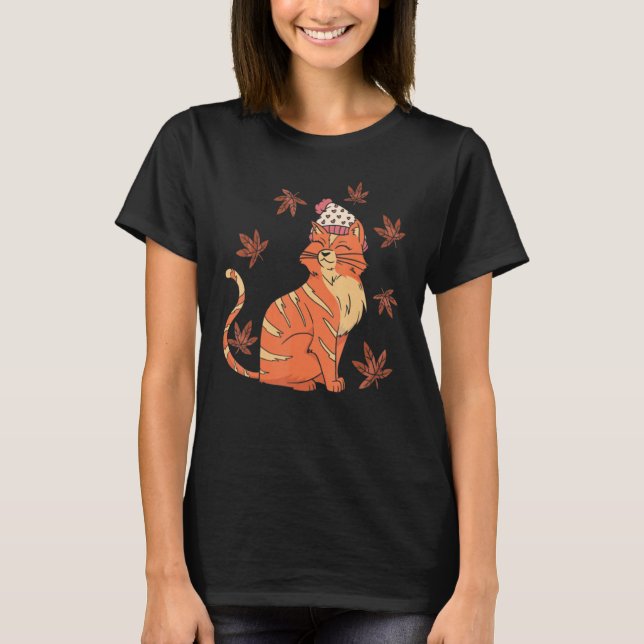 Cat Leaf Fall Hello Autumn T-Shirt (Front)