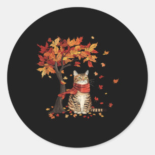 Cat Leaf Fall Tree Hello Autumn Thanksgiving It's  Classic Round Sticker