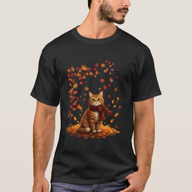 Cat Leaf Fall Tree Hello Autumn Thanksgiving It's  T-Shirt (Front)