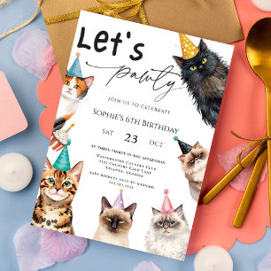 Cat Let's Pawty Kitten Cute kitty 6th Birthday Invitation