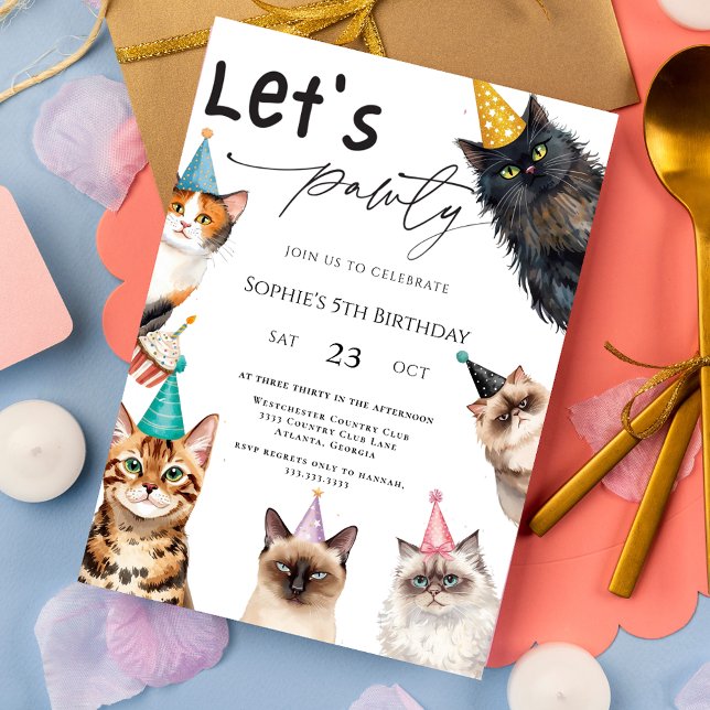 Cat Let's Pawty Kitten Cute Party 5th Birthday Invitation (Creator Uploaded)