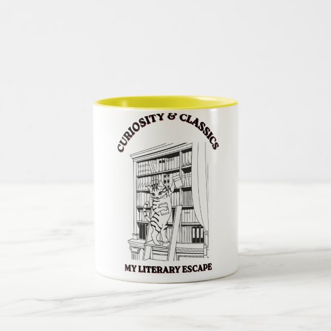 Cat Librarian Aesthetic Art Poster  Two-Tone Coffee Mug (Center)