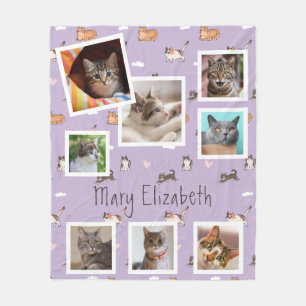 Cat Lilac Photo Collage Modern Purple  Fleece Blanket