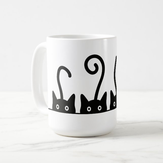 Cat line drawing. Three kittens. World Cattendday. Coffee Mug (Front Left)