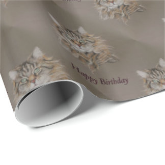 cat, longcoat tabby Happy Birthday Wrapping Paper