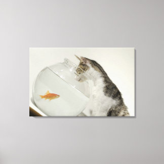 Cat looking at fish in fishbowl canvas print