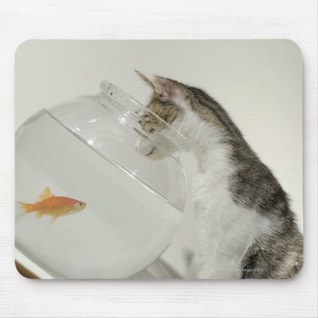 Cat looking at fish in fishbowl mouse pad (Front)