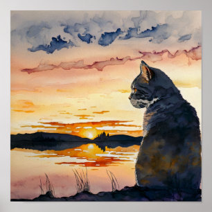 Cat Looking At Sunset Watercolor Poster