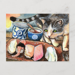 Cat Looking at Sushi Postcard
