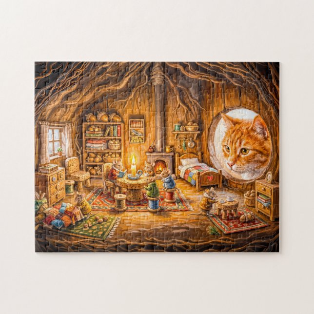 Cat Looking Into Cosy Mouse Home Jigsaw Puzzle (Horizontal)