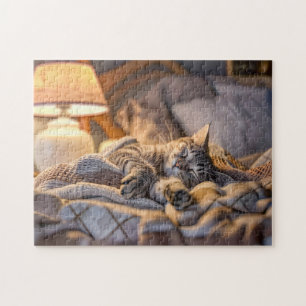 Cat lounging on couch with blanket and lamp jigsaw puzzle