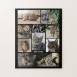 Cat LOVE 9 Photo Collage Name Custom Jigsaw Puzzle<br><div class="desc">Create a photo puzzle of your special cat utilising this easy-to-upload photo collage template with 9 pictures featuring a modern script typography title LOVE accented with whiskers and a pink heart nose personalised with a name or other text in your choice of text and background colours. OPTIONS: Choose other puzzle...</div>
