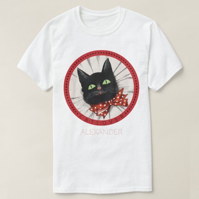Cat Lover Bow Tie Black Red Green Name Customised T-Shirt (Design Front)