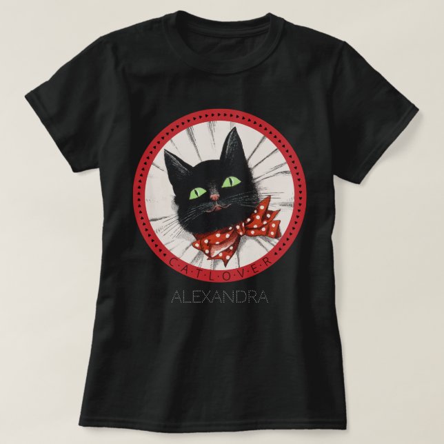 Cat Lover Bow Tie Red Black Green Custom Name T-Shirt (Design Front)