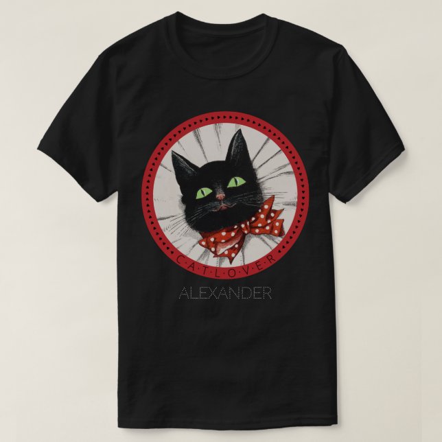 Cat Lover Bow Tie Red Black Green Customised Name T-Shirt (Design Front)
