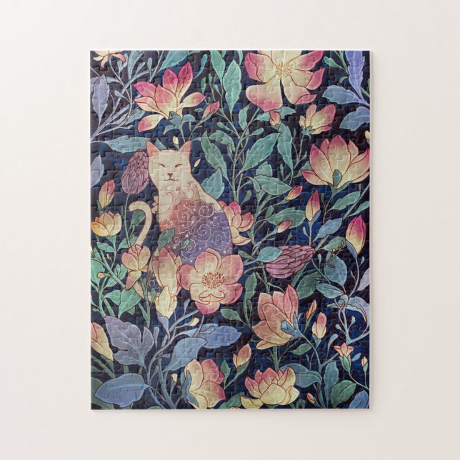 Cat Lover Cat And Magnolia Flower Jigsaw Puzzle (Vertical)