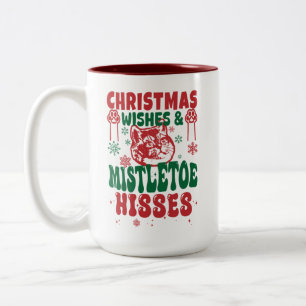 Cat Lover Christmas Wishes Mistletoe Hisses Funny Two-Tone Coffee Mug