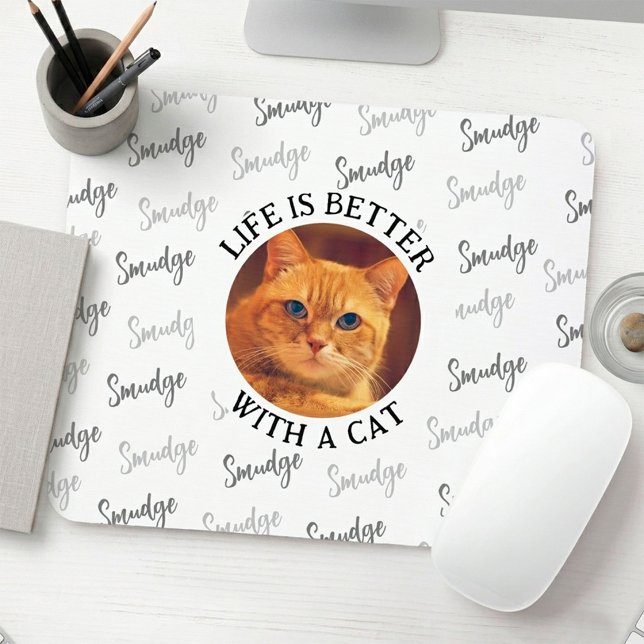 Cat Lover Custom Pet Photo & Name White Mouse Pad (Life is Better with a cat mouse pad)
