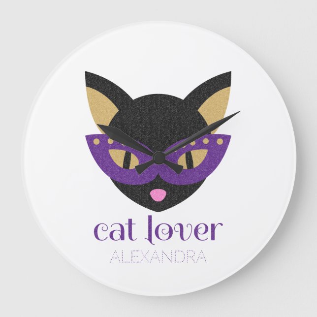 Cat Lover Cute Black Purple Gold Customised Name Large Clock (Front)
