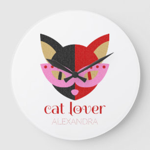 Cat Lover Cute Black Red Pink Name Personalised Large Clock
