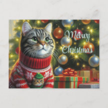 Cat Lover Cute Cat by Christmas Tree 