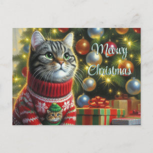 Cat Lover Cute Cat by Christmas Tree Postcard